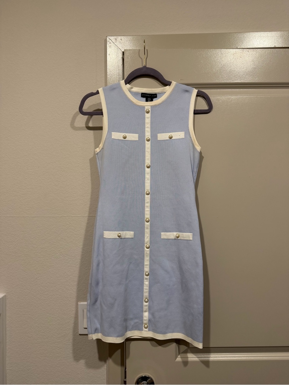 Sincerely Jules Light Blue Mini Dress with Cream Trim
